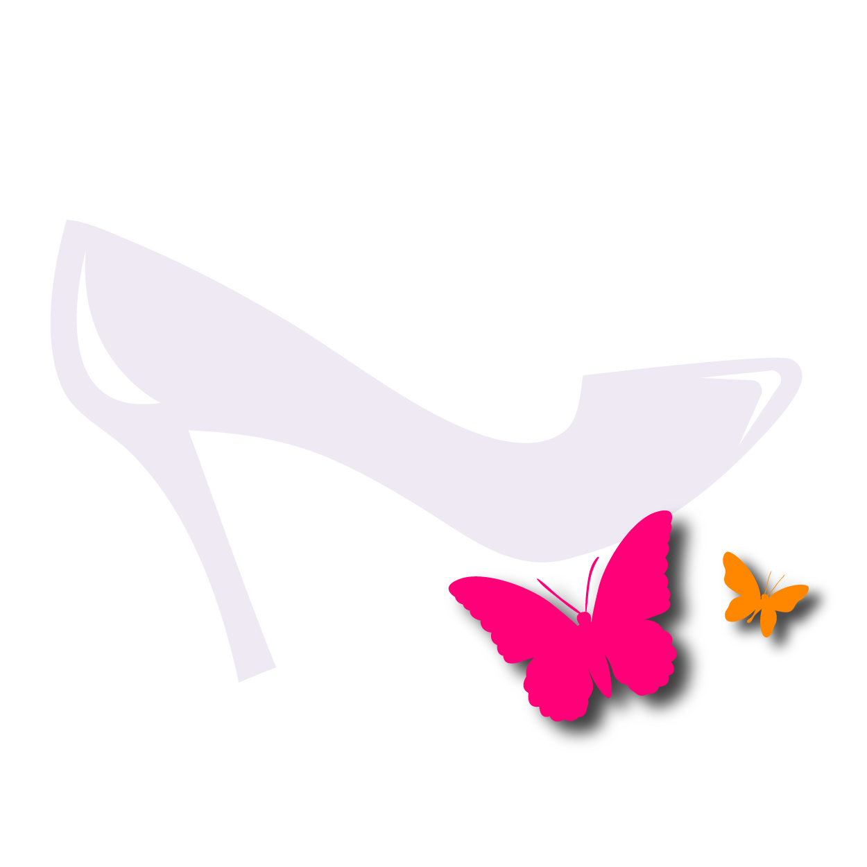 Light pink high heel shoe icon with pink butterfly and orange butterfly shadows